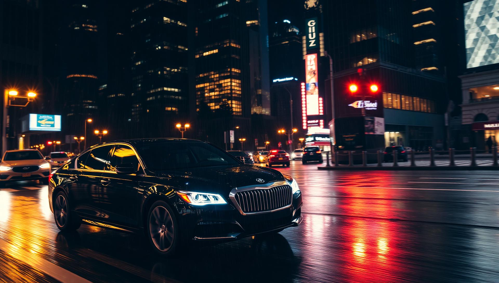 Black luxury sedan on a rain-slicked Chicago street at night